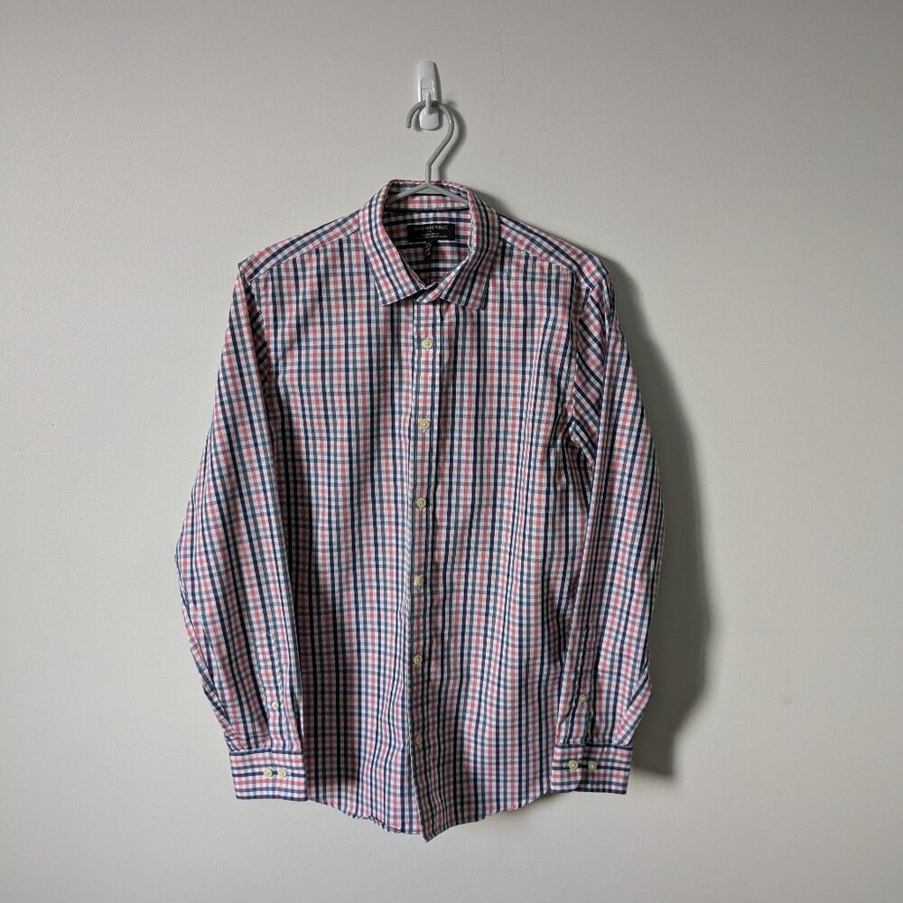 Banana Republic - Pink/Blue Plaid Slim-Fit, Non-Iron Dress Shirt - Size M